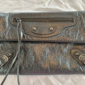 BALENCIAGA MOTO ENVELOPE CLUTCH AUTH EUC DARK GRAY